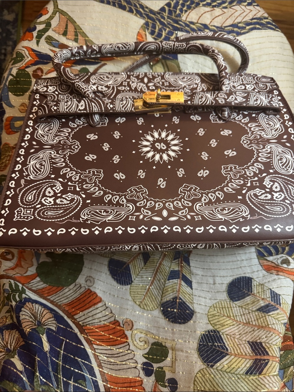 Brown Bandana-Print Top-Handle Satchel with Gold Hardware
